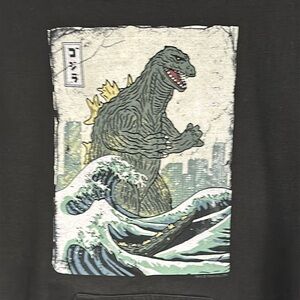 Godzilla Woodcut Emerges From Tsunami Hooded Sweatshirt ocean, S
